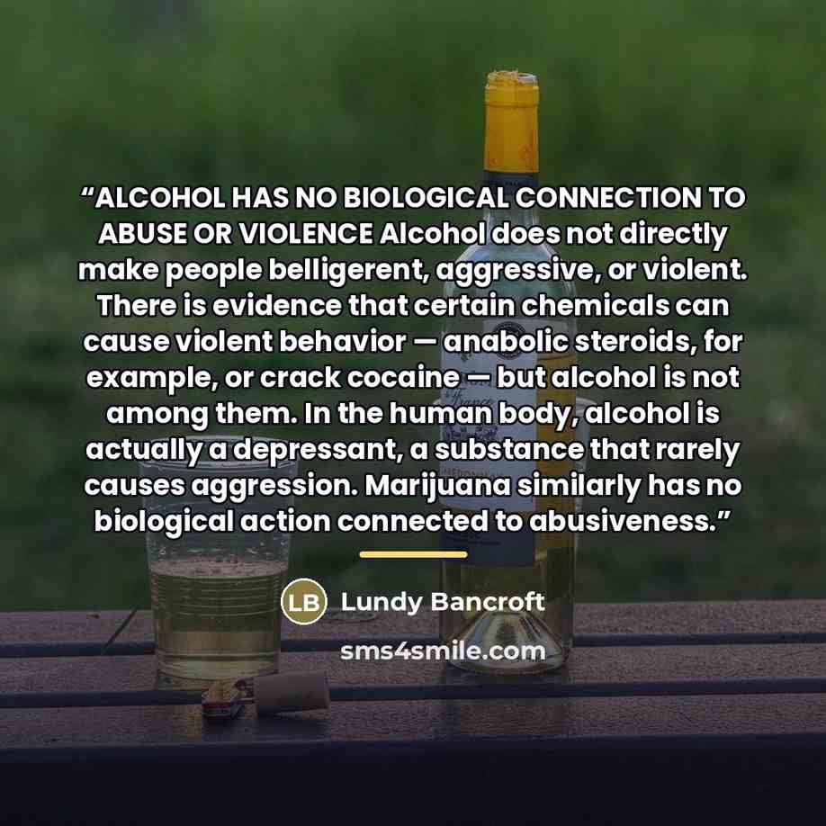 “ALCOHOL HAS NO BIOLOGICAL CONNECTION TO ABUSE OR VIOLENCE Alcohol does not directly make people belligerent, aggressive, or violent. There is evidence that certain chemicals can cause violent behavior — anabolic steroids, for example, or crack cocaine — but alcohol is not among them. In the human…” quote by Lundy Bancroft
