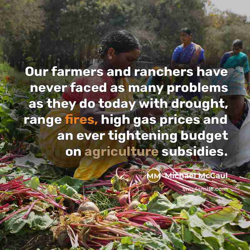 “Our farmers and ranchers have never faced as many problems as they do today with drought, range fires, high gas prices and an ever tightening budget on agriculture subsidies.” quote by Michael McCaul
