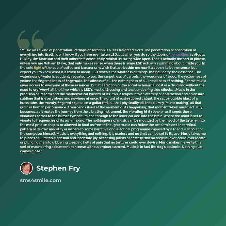 “Music was a kind of penetration. Perhaps absorption is a less freighted word. The penetration or absorption of everything into itself. I don't know if you have ever taken LSD, but when you do so the doors of perception, as Aldous Huxley, Jim Morrison and their adherents ceaselessly remind us…” quote by Stephen Fry