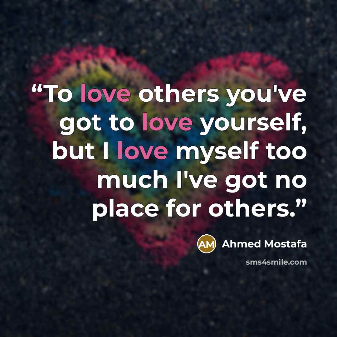“To love others you've got to love yourself, but I love myself too much I've got no place for others.” quote by Ahmed Mostafa