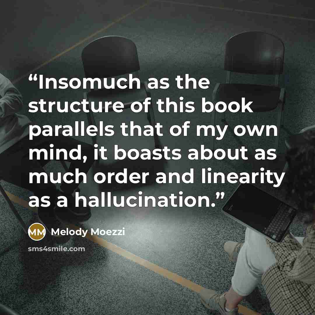 “Insomuch as the structure of this book parallels that of my own mind, it boasts about as much order and linearity as a hallucination.” quote by Melody Moezzi