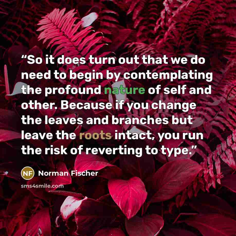 “So it does turn out that we do need to begin by contemplating the profound nature of self and other. Because if you change the leaves and branches but leave the roots intact, you run the risk of reverting to type.” quote by Norman Fischer