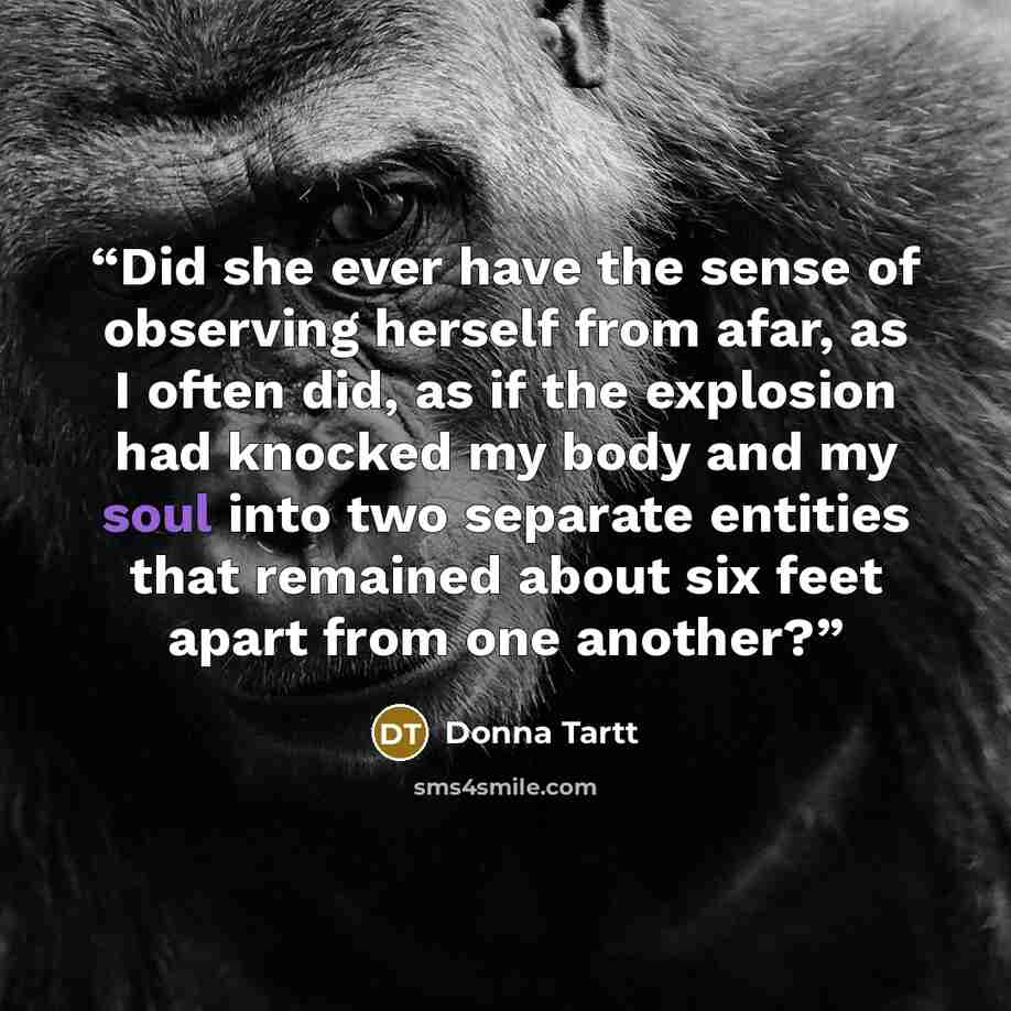 “Did she ever have the sense of observing herself from afar, as I often did, as if the explosion had knocked my body and my soul into two separate entities that remained about six feet apart from one another?” quote by Donna Tartt