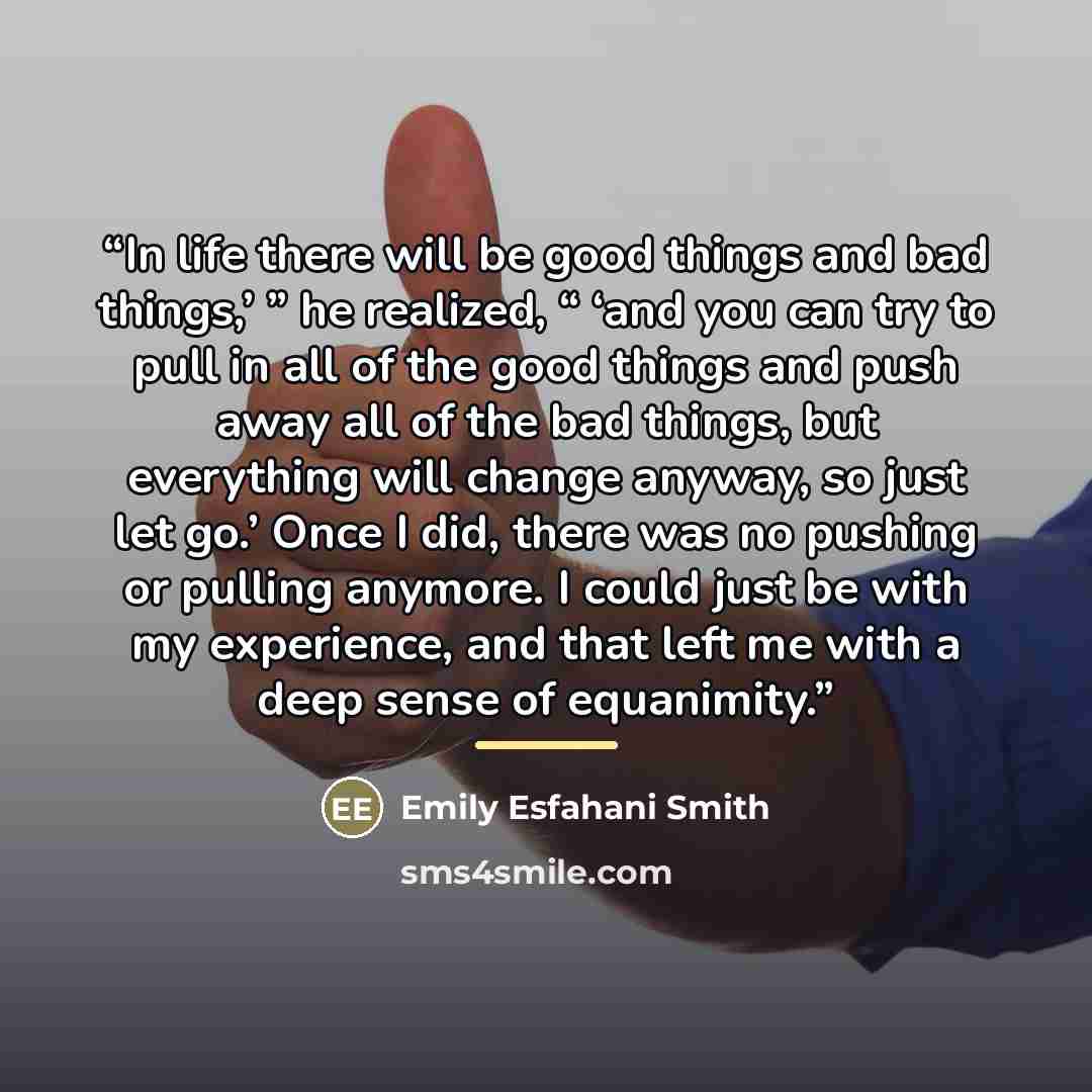 “In life there will be good things and bad things,’ ” he realized, “ ‘and you can try to pull in all of the good things and push away all of the bad things, but everything will change anyway, so just let go.’ Once I did, there was no pushing or pulling anymore. I could just be with my experience…” quote by Emily Esfahani Smith
