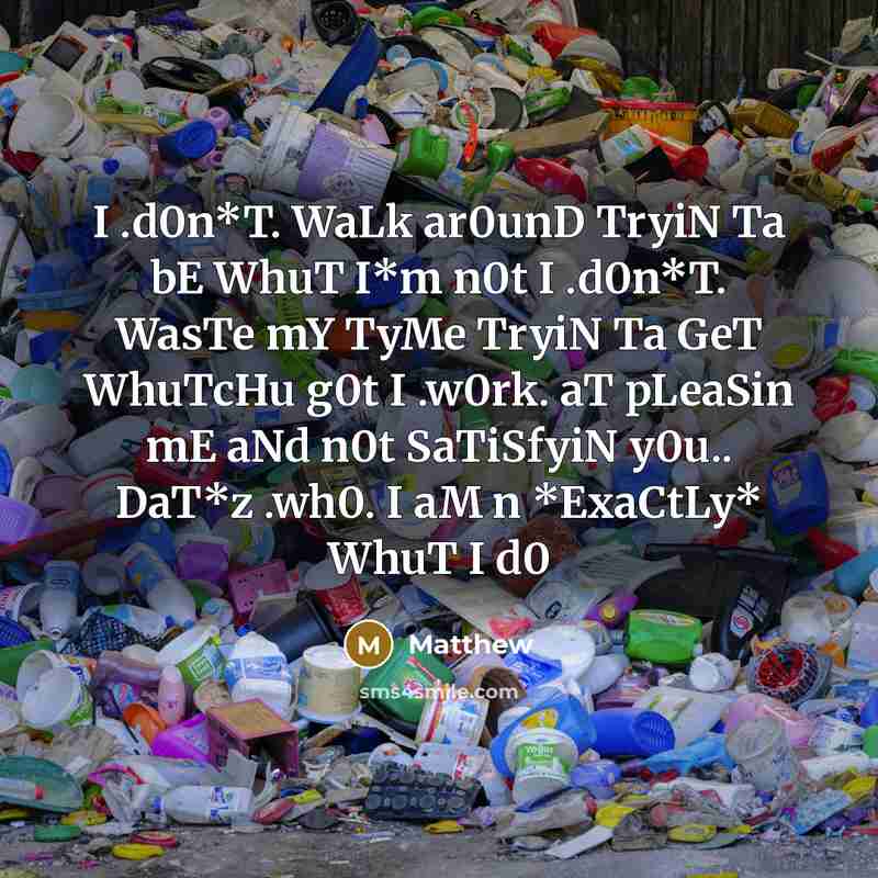 “I .d0n*T. WaLk ar0unD TryiN Ta bE WhuT I*m n0t I .d0n*T. WasTe mY TyMe TryiN Ta GeT WhuTcHu g0t I .w0rk. aT pLeaSin mE aNd n0t SaTiSfyiN y0u.. DaT*z .wh0. I aM n *ExaCtLy* WhuT I d0” quote by Matthew