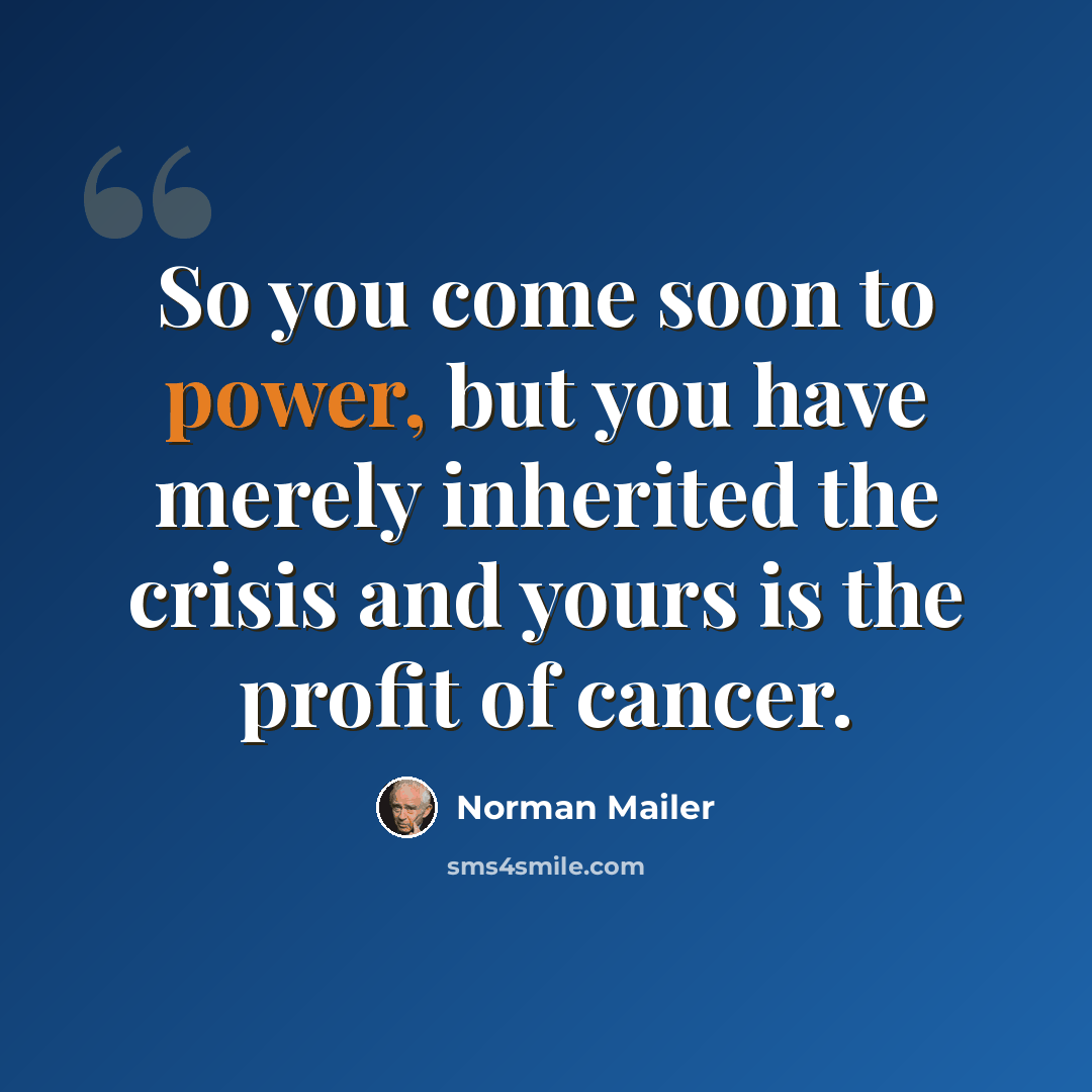 “So you come soon to power, but you have merely inherited the crisis and yours is the profit of cancer.” quote by Norman Mailer
