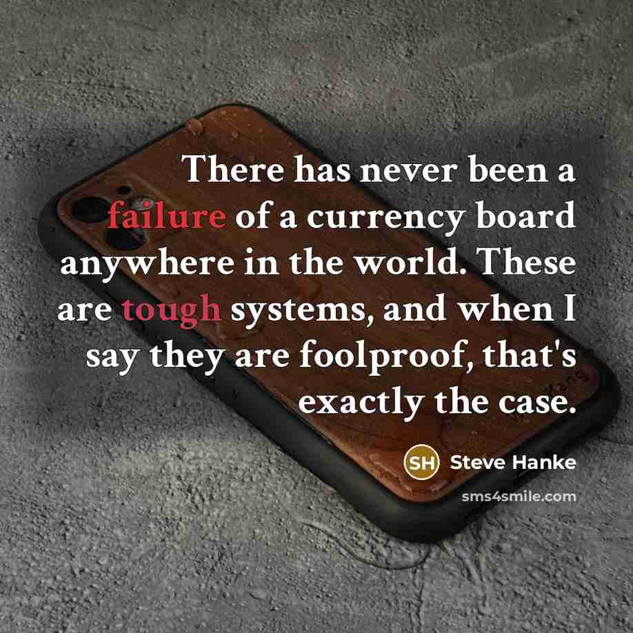 “There has never been a failure of a currency board anywhere in the world. These are tough systems, and when I say they are foolproof, that's exactly the case.” quote by Steve Hanke