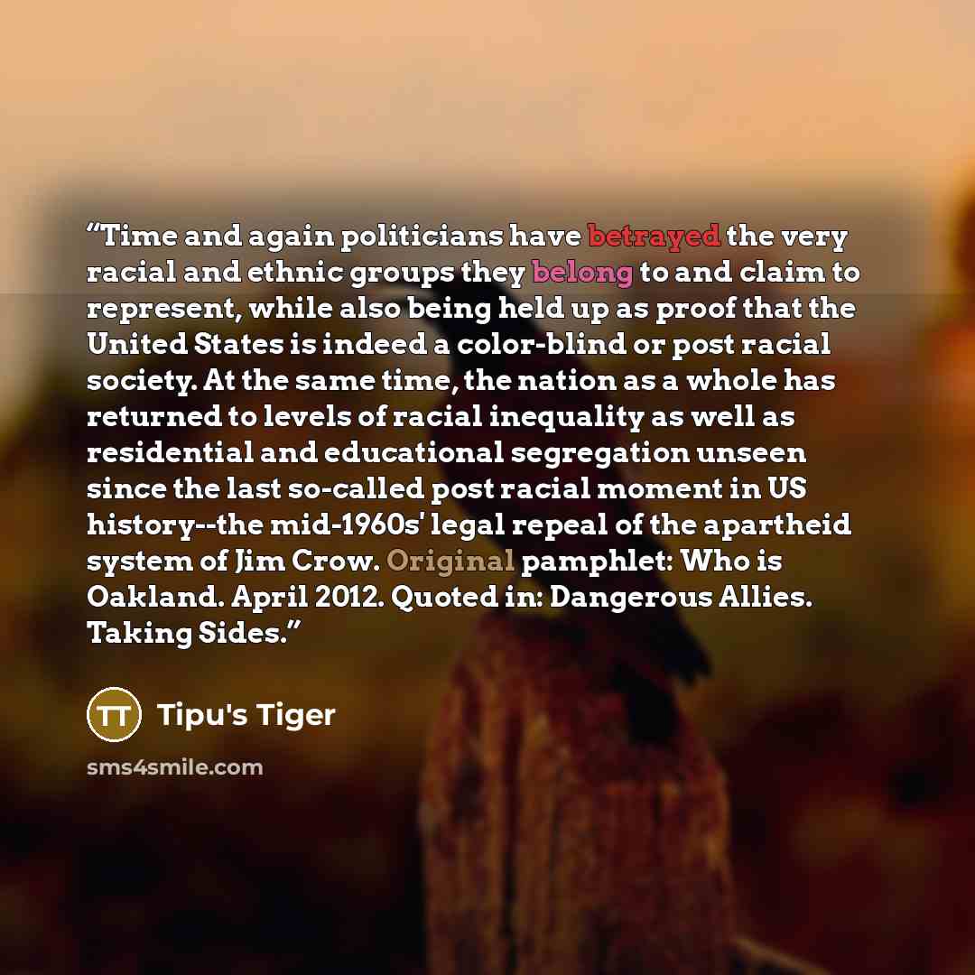 “Time and again politicians have betrayed the very racial and ethnic groups they belong to and claim to represent, while also being held up as proof that the United States is indeed a color-blind or post racial society. At the same time, the nation as a whole has returned to levels of racial…” quote by Tipu's Tiger