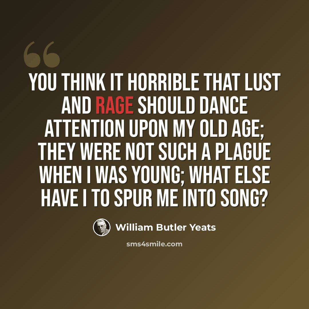 “You think it horrible that lust and rage Should dance attention upon my old age; They were not such a plague when I was young; What else have I to spur me into song?” quote by William Butler Yeats