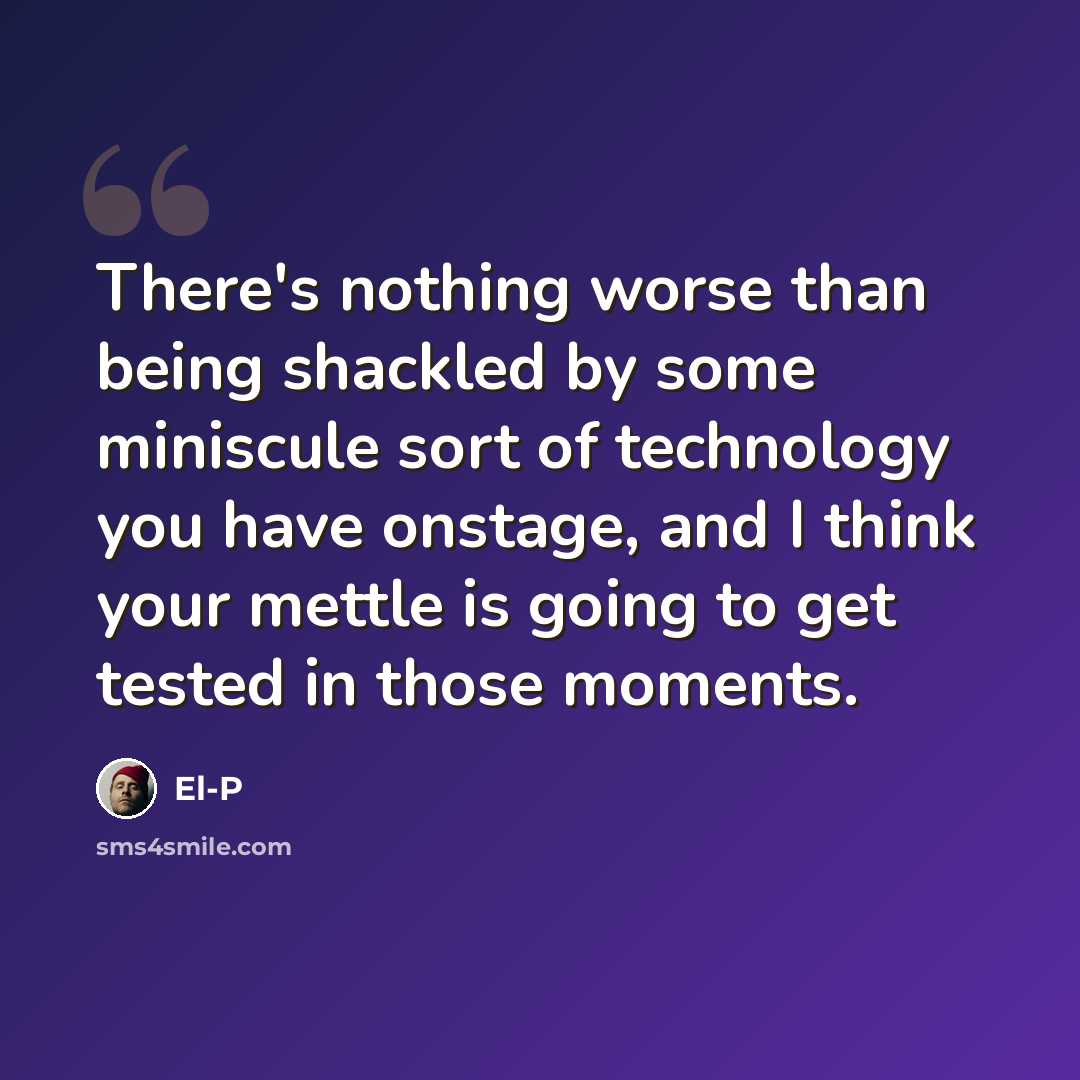 “There's nothing worse than being shackled by some miniscule sort of technology you have onstage, and I think your mettle is going to get tested in those moments.” quote by El-P