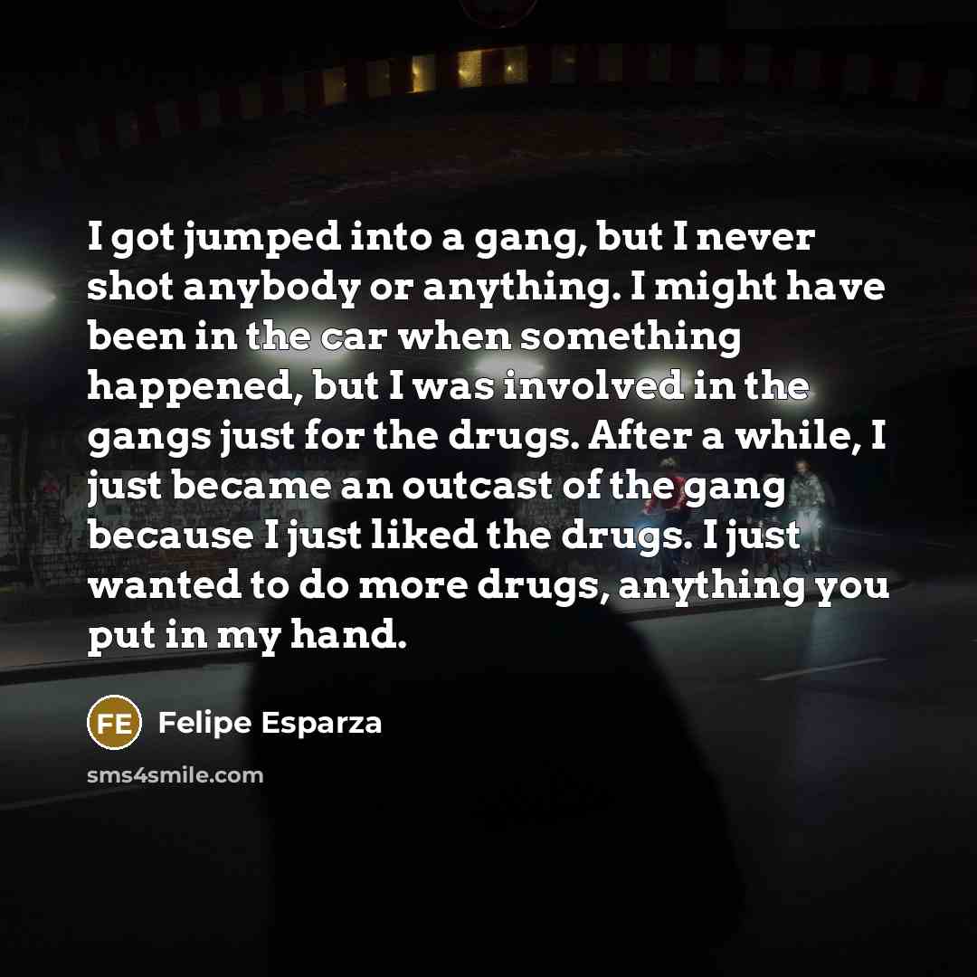 “I got jumped into a gang, but I never shot anybody or anything. I might have been in the car when something happened, but I was involved in the gangs just for the drugs. After a while, I just became an outcast of the gang because I just liked the drugs. I just wanted to do more drugs, anything you…” quote by Felipe Esparza