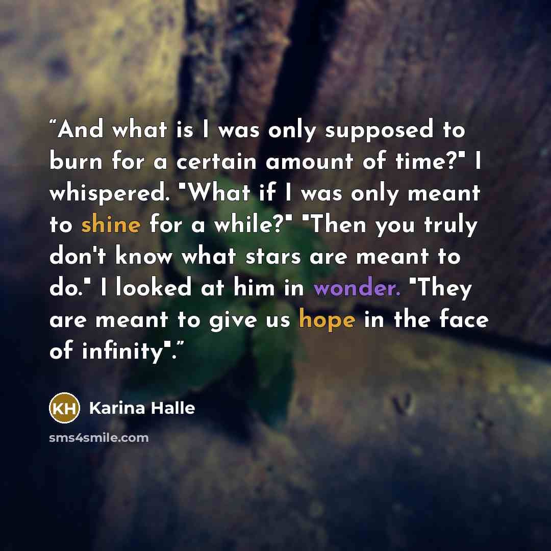 “And what is I was only supposed to burn for a certain amount of time?" I whispered. "What if I was only meant to shine for a while?" "Then you truly don't know what stars are meant to do." I looked at him in wonder. "They are meant to give us hope in the face of infinity".” quote by Karina Halle