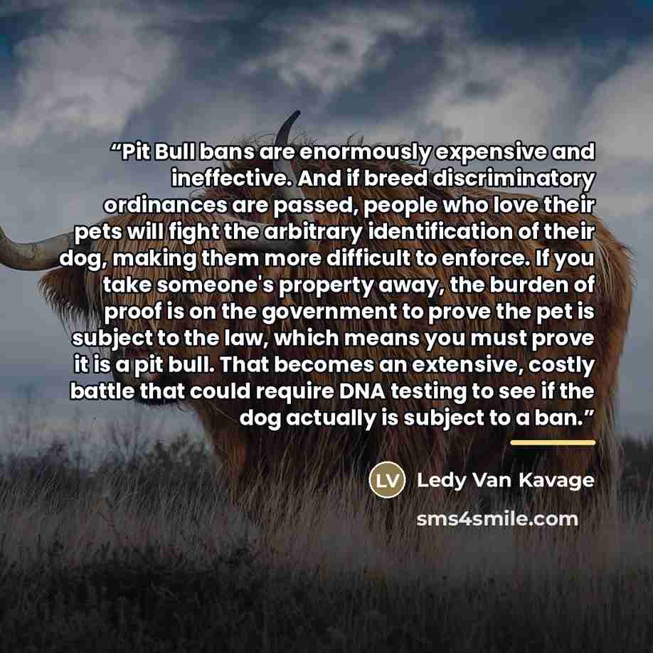“Pit Bull bans are enormously expensive and ineffective. And if breed discriminatory ordinances are passed, people who love their pets will fight the arbitrary identification of their dog, making them more difficult to enforce. If you take someone's property away, the burden of proof is on the…” quote by Ledy Van Kavage