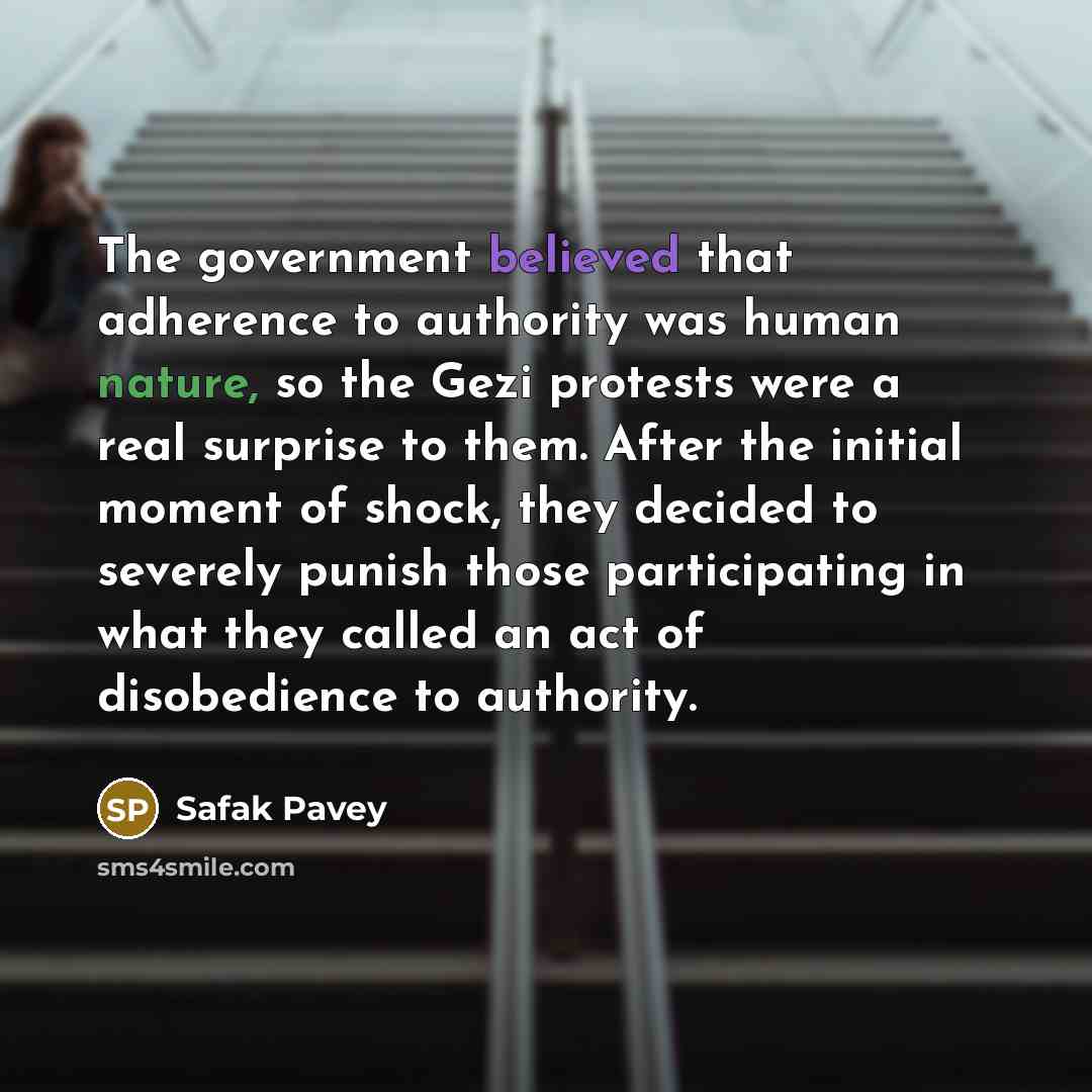 “The government believed that adherence to authority was human nature, so the Gezi protests were a real surprise to them. After the initial moment of shock, they decided to severely punish those participating in what they called an act of disobedience to authority.” quote by Safak Pavey