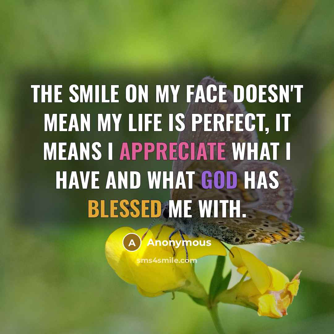“The smile on my face doesn't mean my life is perfect, it means I appreciate what I have and what God has blessed me with.” quote by Anonymous