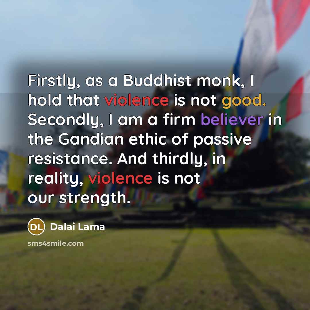 “Firstly, as a Buddhist monk, I hold that violence is not good. Secondly, I am a firm believer in the Gandian ethic of passive resistance. And thirdly, in reality, violence is not our strength.” quote by Dalai Lama