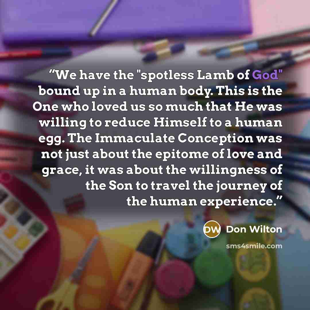 “We have the "spotless Lamb of God" bound up in a human body. This is the One who loved us so much that He was willing to reduce Himself to a human egg. The Immaculate Conception was not just about the epitome of love and grace, it was about the willingness of the Son to travel the journey of the…” quote by Don Wilton