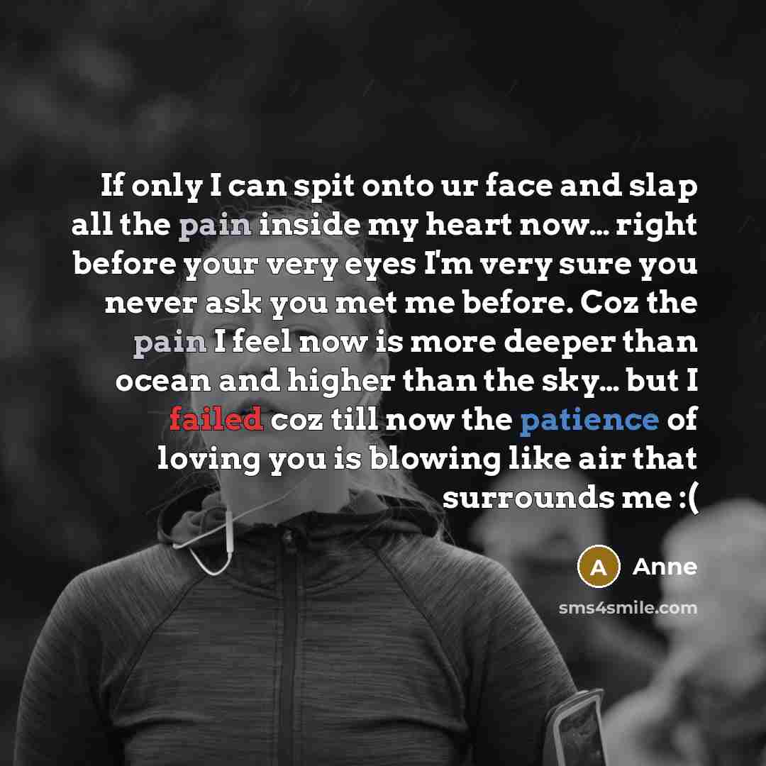 “If only I can spit onto ur face and slap all the pain inside my heart now… right before your very eyes I'm very sure you never ask you met me before. Coz the pain I feel now is more deeper than ocean and higher than the sky… but I failed coz till now the patience of loving you is blowing like air…” quote by Anne