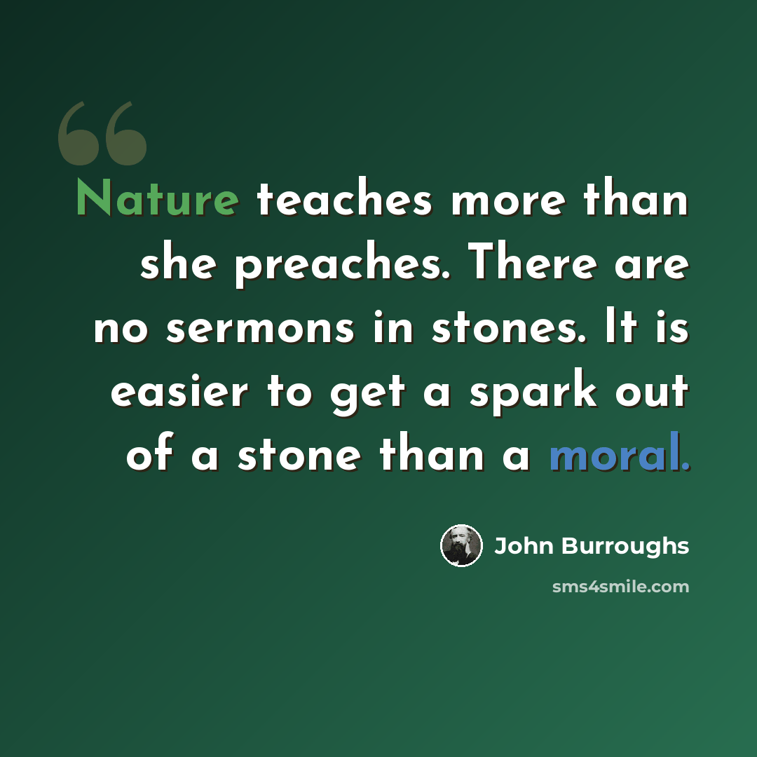 “Nature teaches more than she preaches. There are no sermons in stones. It is easier to get a spark out of a stone than a moral.” quote by John Burroughs