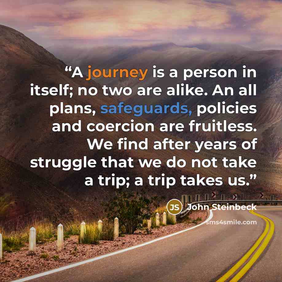 “A journey is a person in itself; no two are alike. An all plans, safeguards, policies and coercion are fruitless. We find after years of struggle that we do not take a trip; a trip takes us.” quote by John Steinbeck