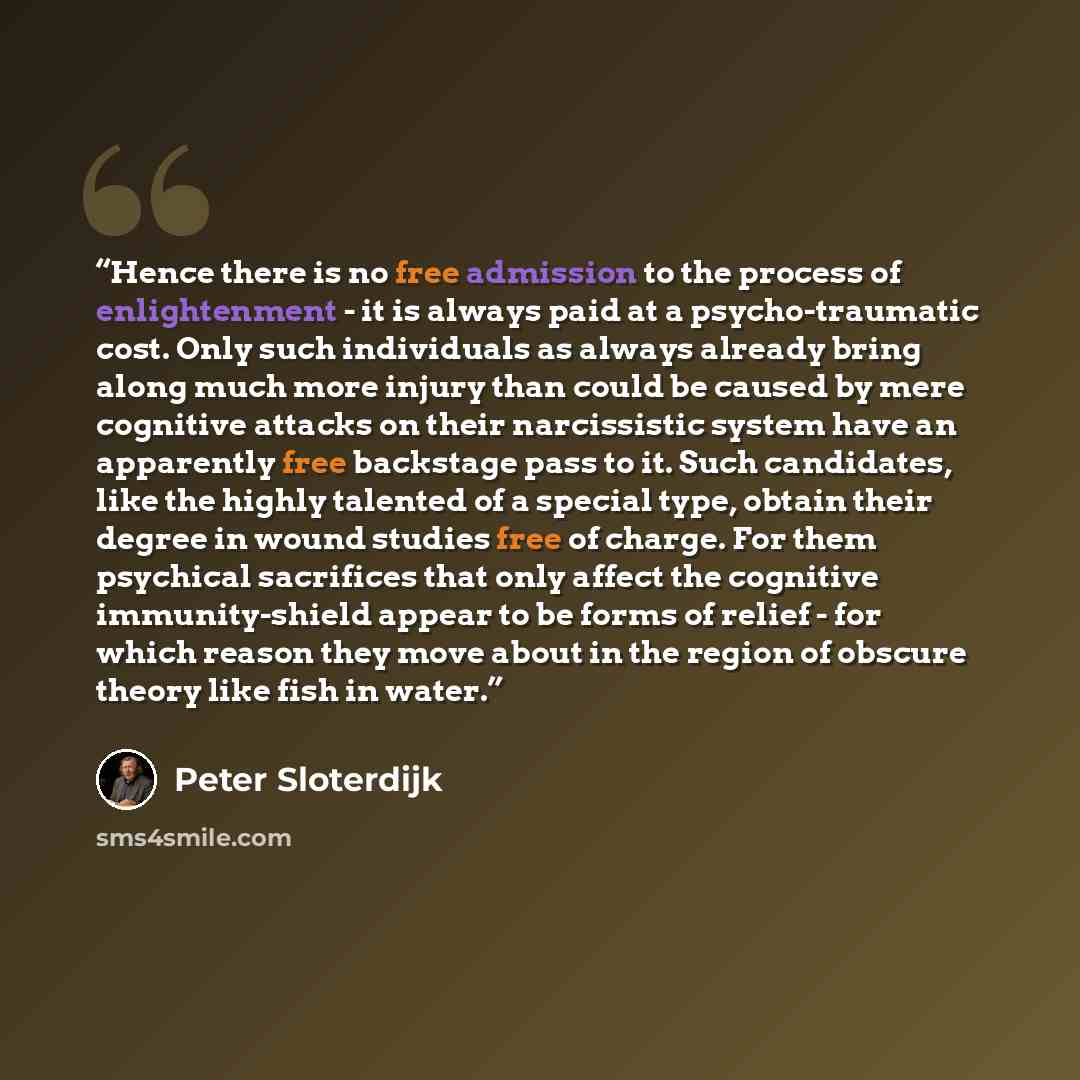 “Hence there is no free admission to the process of enlightenment - it is always paid at a psycho-traumatic cost. Only such individuals as always already bring along much more injury than could be caused by mere cognitive attacks on their narcissistic system have an apparently free backstage pass…” quote by Peter Sloterdijk