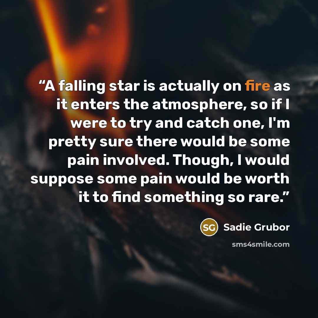 “A falling star is actually on fire as it enters the atmosphere, so if I were to try and catch one, I'm pretty sure there would be some pain involved. Though, I would suppose some pain would be worth it to find something so rare.” quote by Sadie Grubor