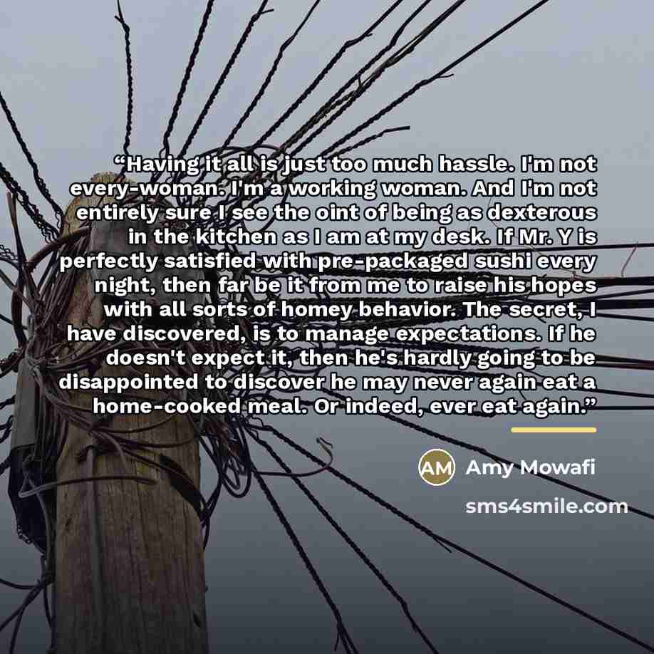 “Having it all is just too much hassle. I'm not every-woman. I'm a working woman. And I'm not entirely sure I see the oint of being as dexterous in the kitchen as I am at my desk. If Mr. Y is perfectly satisfied with pre-packaged sushi every night, then far be it from me to raise his hopes with all…” quote by Amy Mowafi