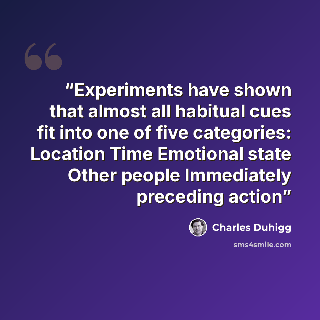 “Experiments have shown that almost all habitual cues fit into one of five categories: Location Time Emotional state Other people Immediately preceding action” quote by Charles Duhigg