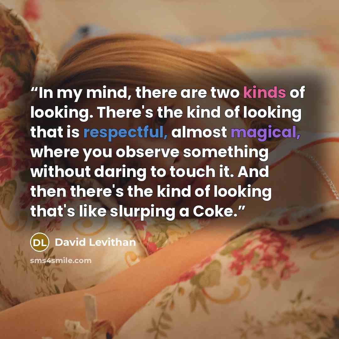 “In my mind, there are two kinds of looking. There's the kind of looking that is respectful, almost magical, where you observe something without daring to touch it. And then there's the kind of looking that's like slurping a Coke.” quote by David Levithan