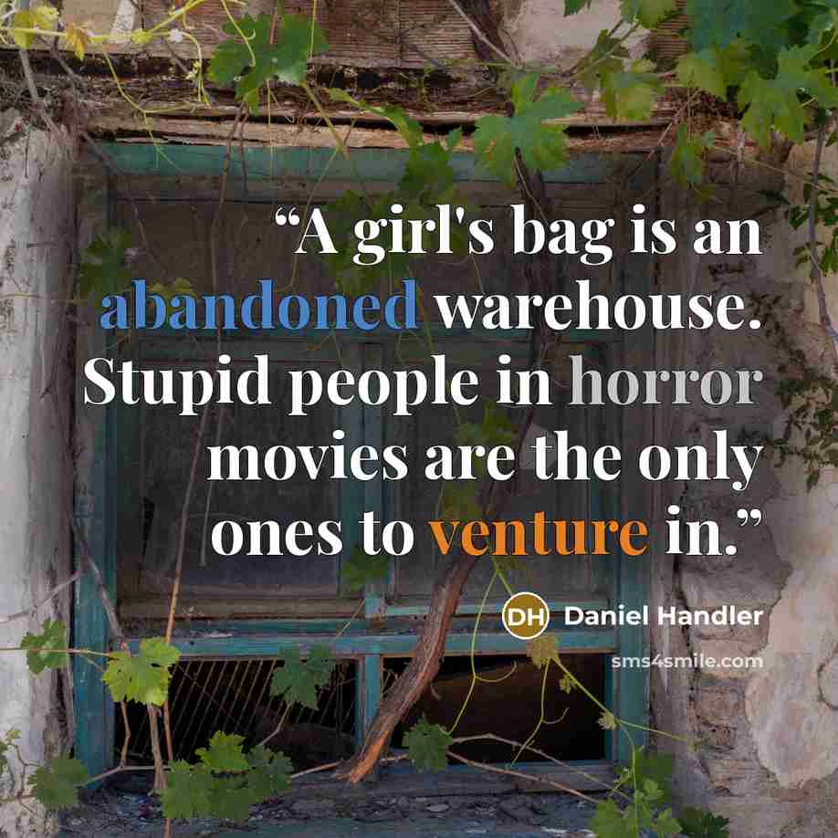 “A girl's bag is an abandoned warehouse. Stupid people in horror movies are the only ones to venture in.” quote by Daniel Handler