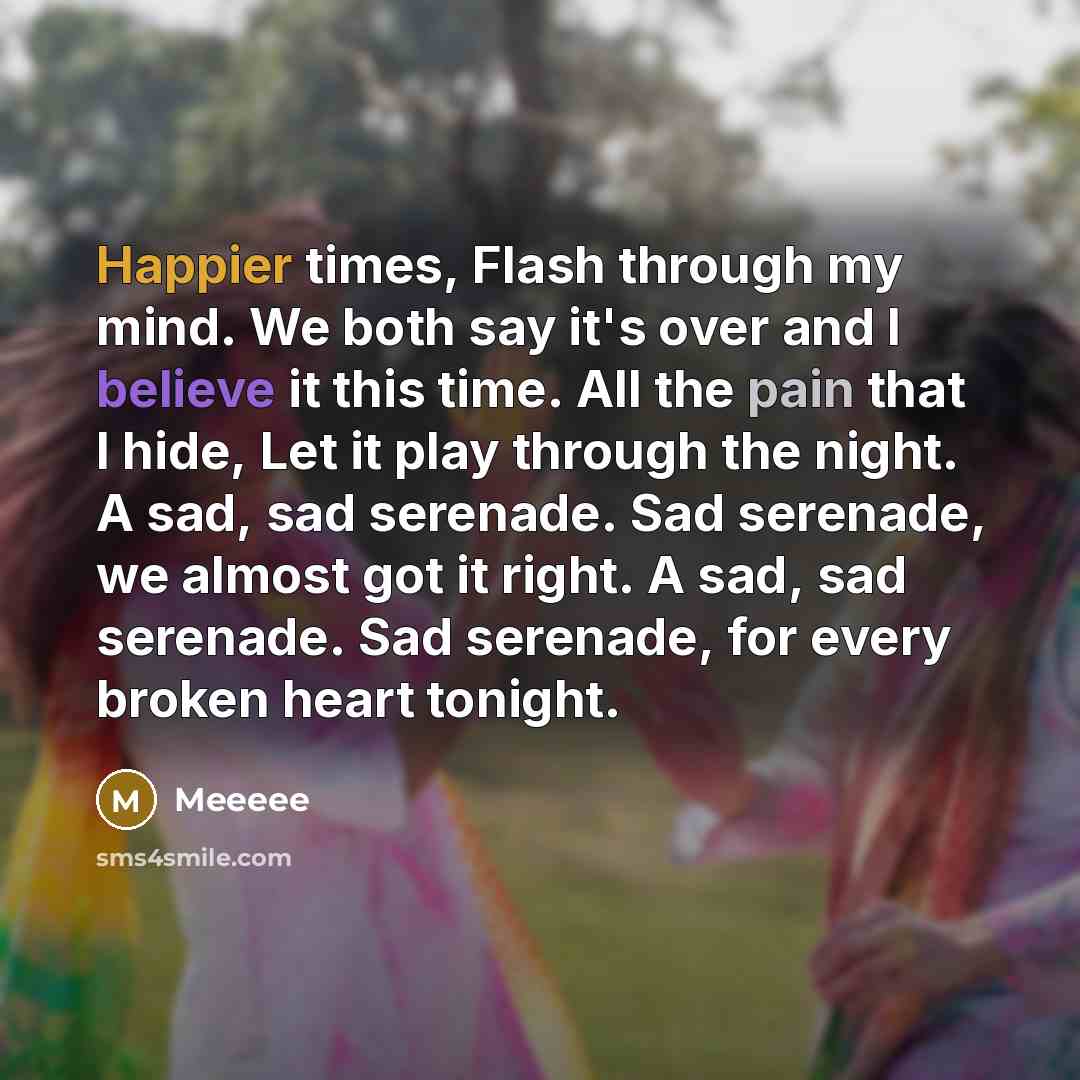 “Happier times, Flash through my mind. We both say it's over and I believe it this time. All the pain that I hide, Let it play through the night. A sad, sad serenade. Sad serenade, we almost got it right. A sad, sad serenade. Sad serenade, for every broken heart tonight.” quote by Meeeee
