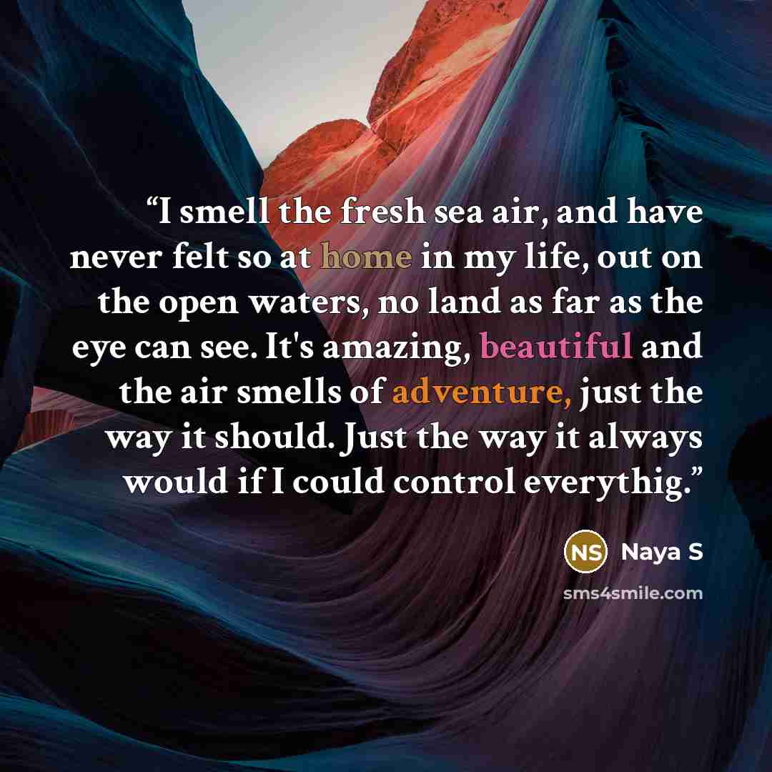 “I smell the fresh sea air, and have never felt so at home in my life, out on the open waters, no land as far as the eye can see. It's amazing, beautiful and the air smells of adventure, just the way it should. Just the way it always would if I could control everythig.” quote by Naya S