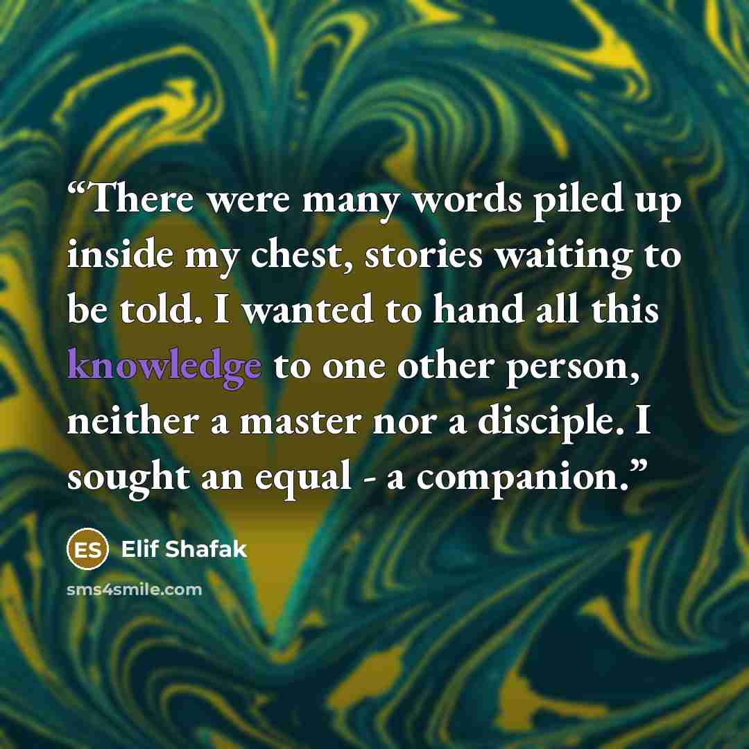 “There were many words piled up inside my chest, stories waiting to be told. I wanted to hand all this knowledge to one other person, neither a master nor a disciple. I sought an equal - a companion.” quote by Elif Shafak