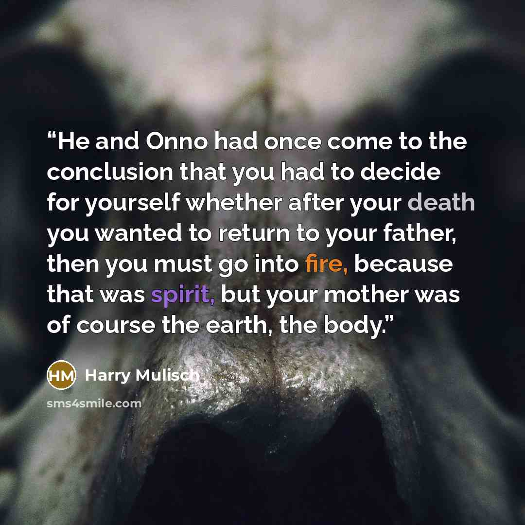 “He and Onno had once come to the conclusion that you had to decide for yourself whether after your death you wanted to return to your father, then you must go into fire, because that was spirit, but your mother was of course the earth, the body.” quote by Harry Mulisch