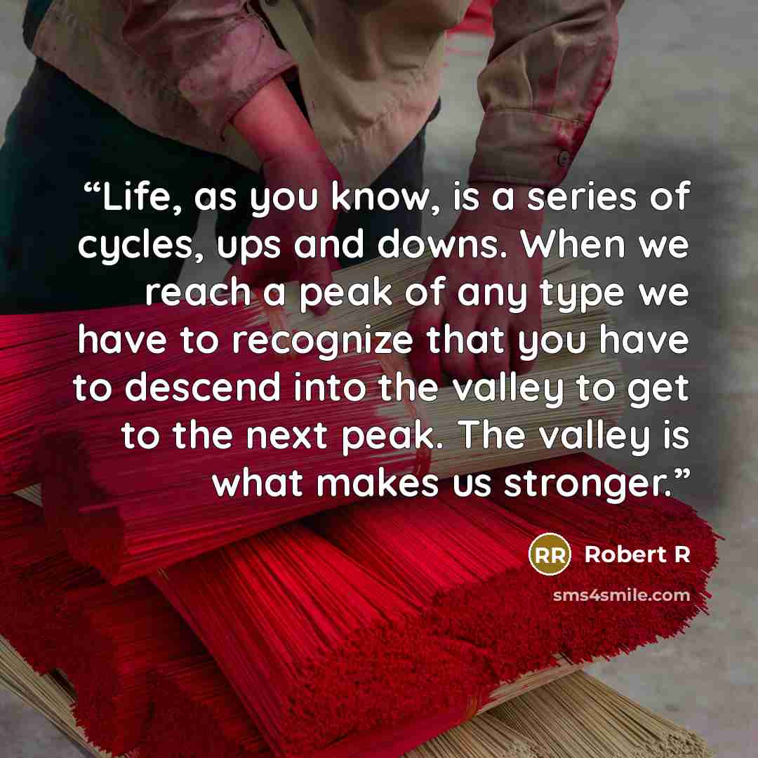 “Life, as you know, is a series of cycles, ups and downs. When we reach a peak of any type we have to recognize that you have to descend into the valley to get to the next peak. The valley is what makes us stronger.” quote by Robert R
