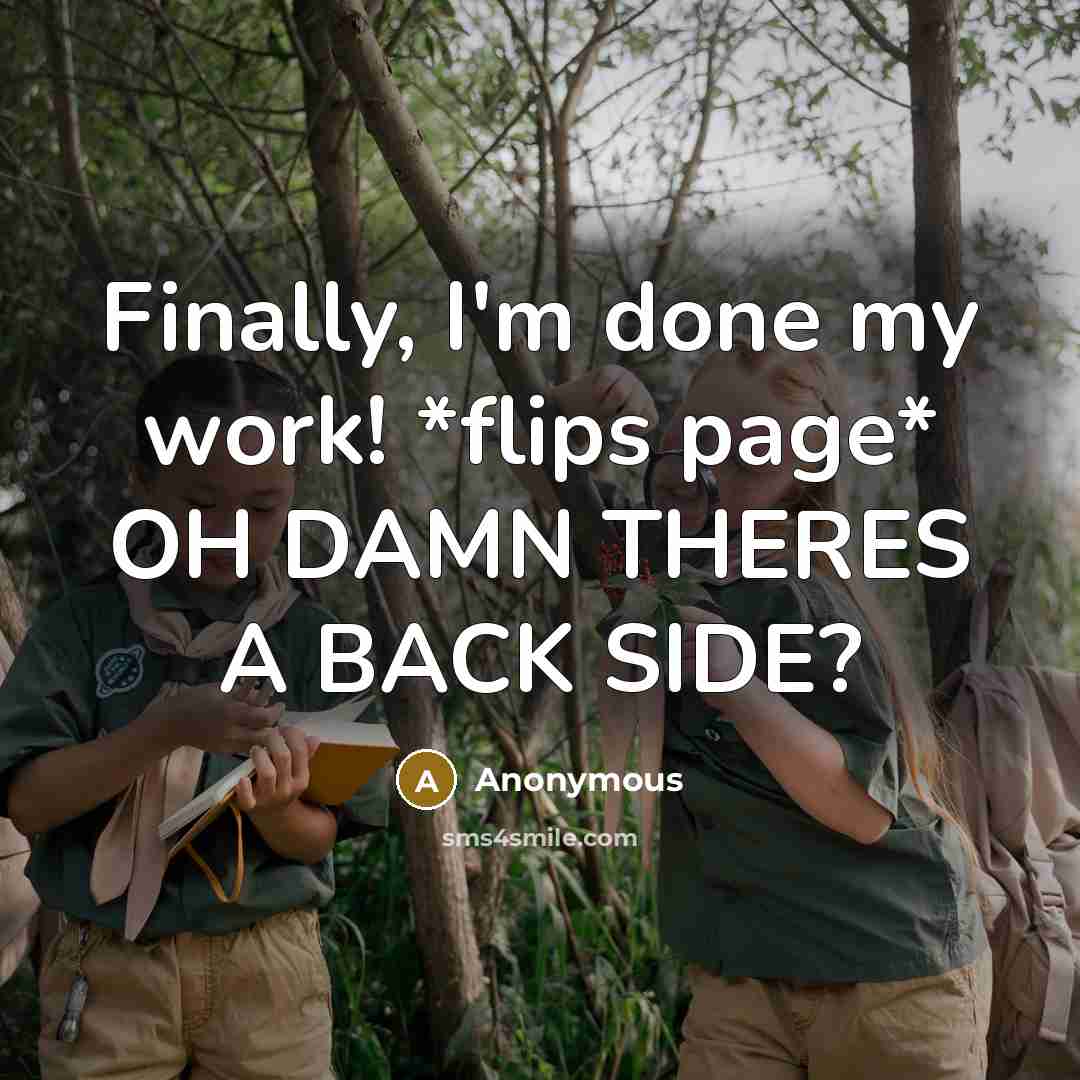 “Finally, I'm done my work! *flips page* OH DAMN THERES A BACK SIDE?” quote by Anonymous