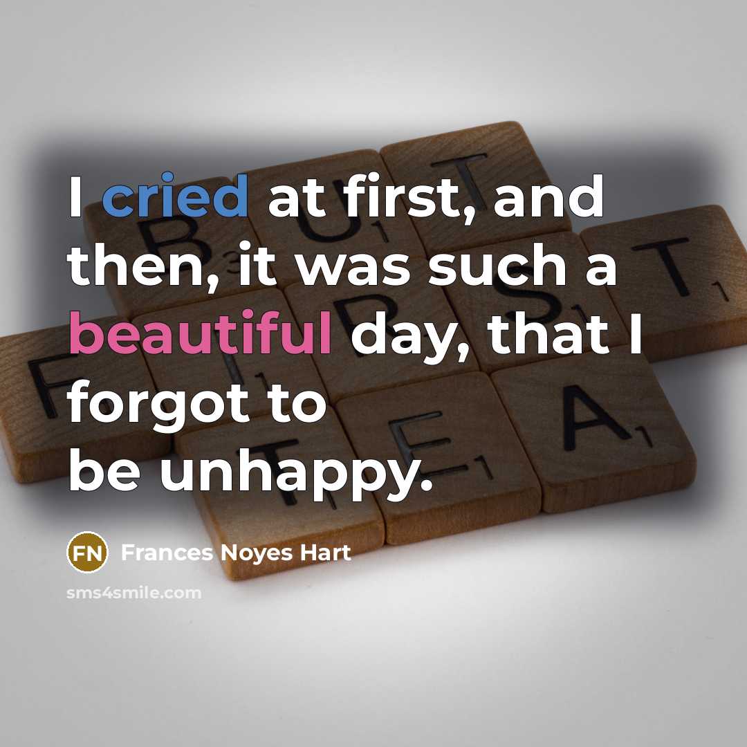 “I cried at first, and then, it was such a beautiful day, that I forgot to be unhappy.” quote by Frances Noyes Hart