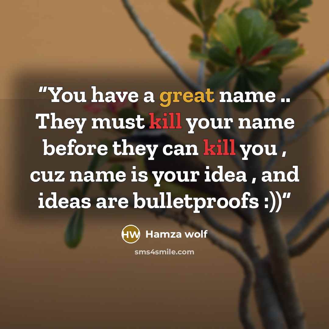 “You have a great name .. They must kill your name before they can kill you , cuz name is your idea , and ideas are bulletproofs :))” quote by Hamza Wolf