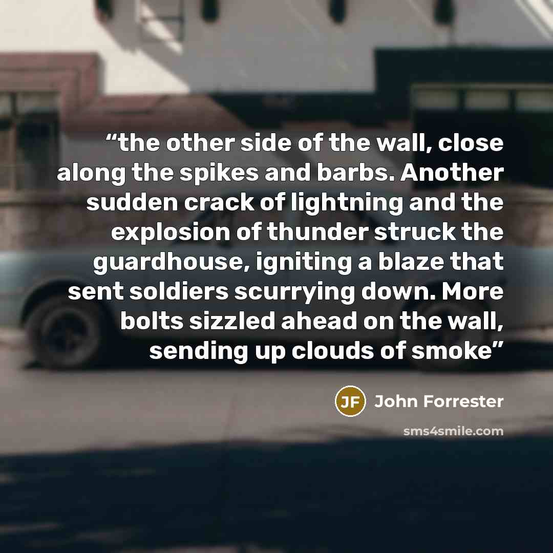“the other side of the wall, close along the spikes and barbs. Another sudden crack of lightning and the explosion of thunder struck the guardhouse, igniting a blaze that sent soldiers scurrying down. More bolts sizzled ahead on the wall, sending up clouds of smoke” quote by John Forrester
