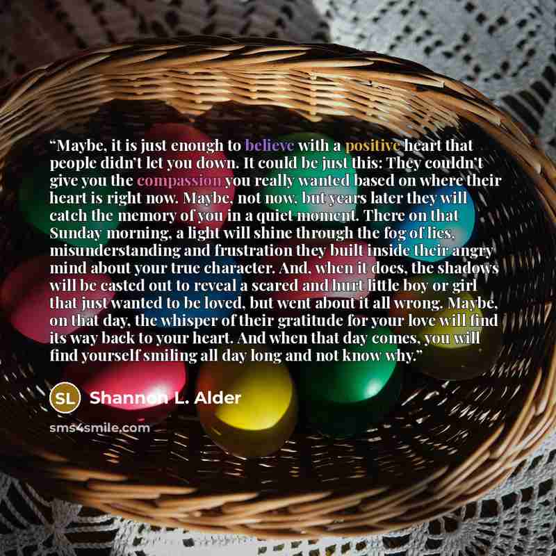 “Maybe, it is just enough to believe with a positive heart that people didn’t let you down. It could be just this: They couldn’t give you the compassion you really wanted based on where their heart is right now. Maybe, not now, but years later they will catch the memory of you in a quiet moment…” quote by Shannon L. Alder