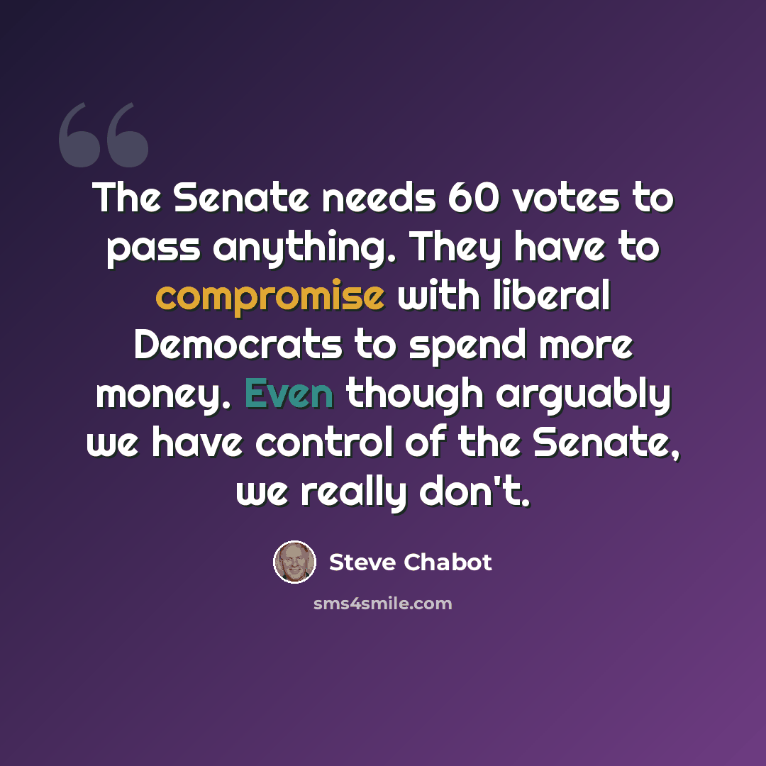 “The Senate needs 60 votes to pass anything. They have to compromise with liberal Democrats to spend more money. Even though arguably we have control of the Senate, we really don't.” quote by Steve Chabot