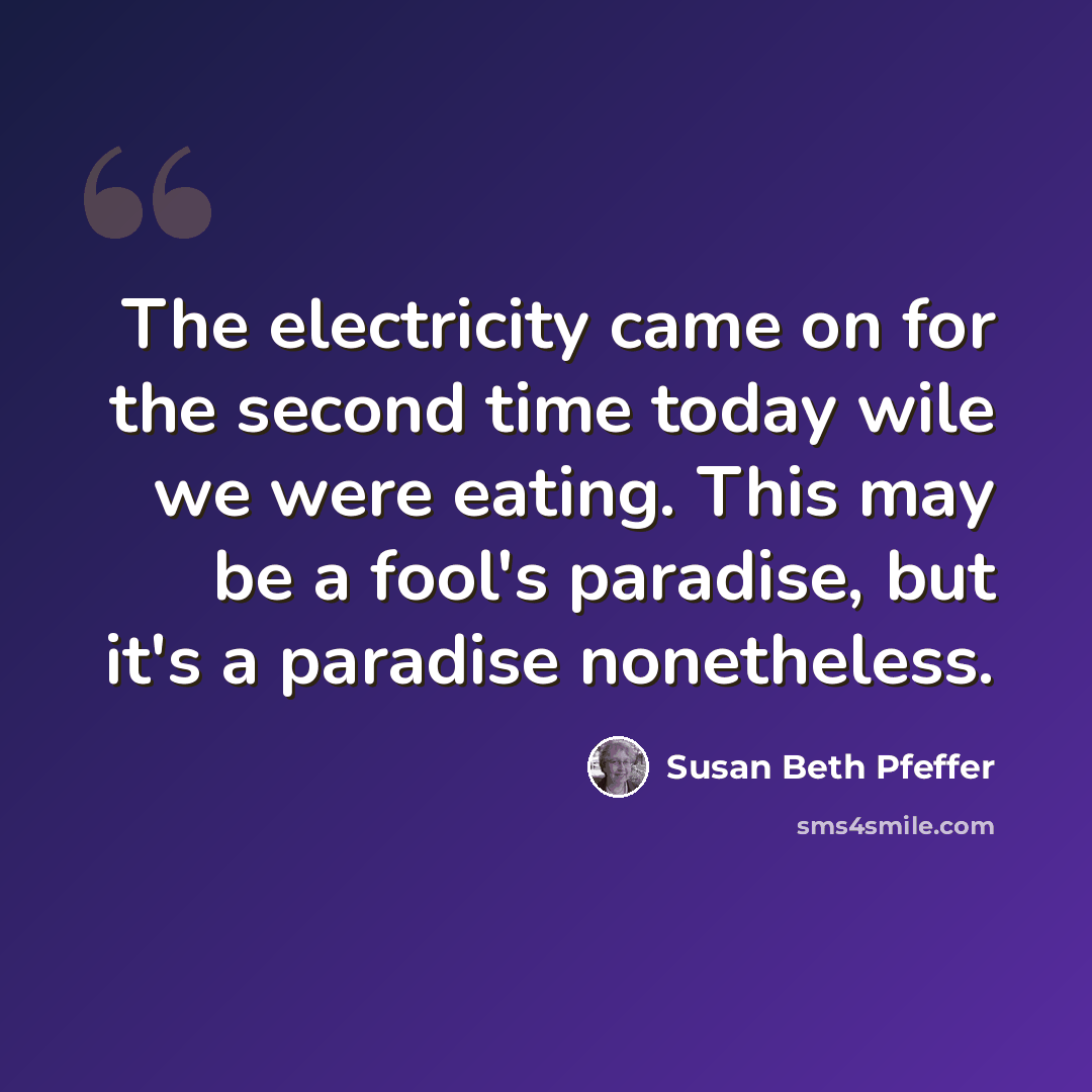 “The electricity came on for the second time today wile we were eating. This may be a fool's paradise, but it's a paradise nonetheless.” quote by Susan Beth Pfeffer
