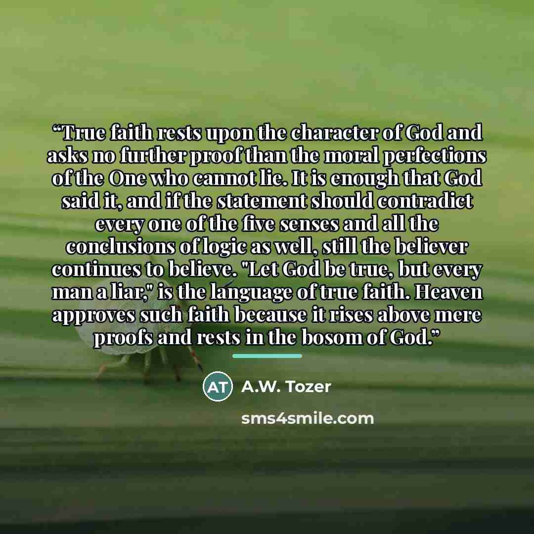 “True faith rests upon the character of God and asks no further proof than the moral perfections of the One who cannot lie. It is enough that God said it, and if the statement should contradict every one of the five senses and all the conclusions of logic as well, still the believer continues to…” quote by A.W. Tozer