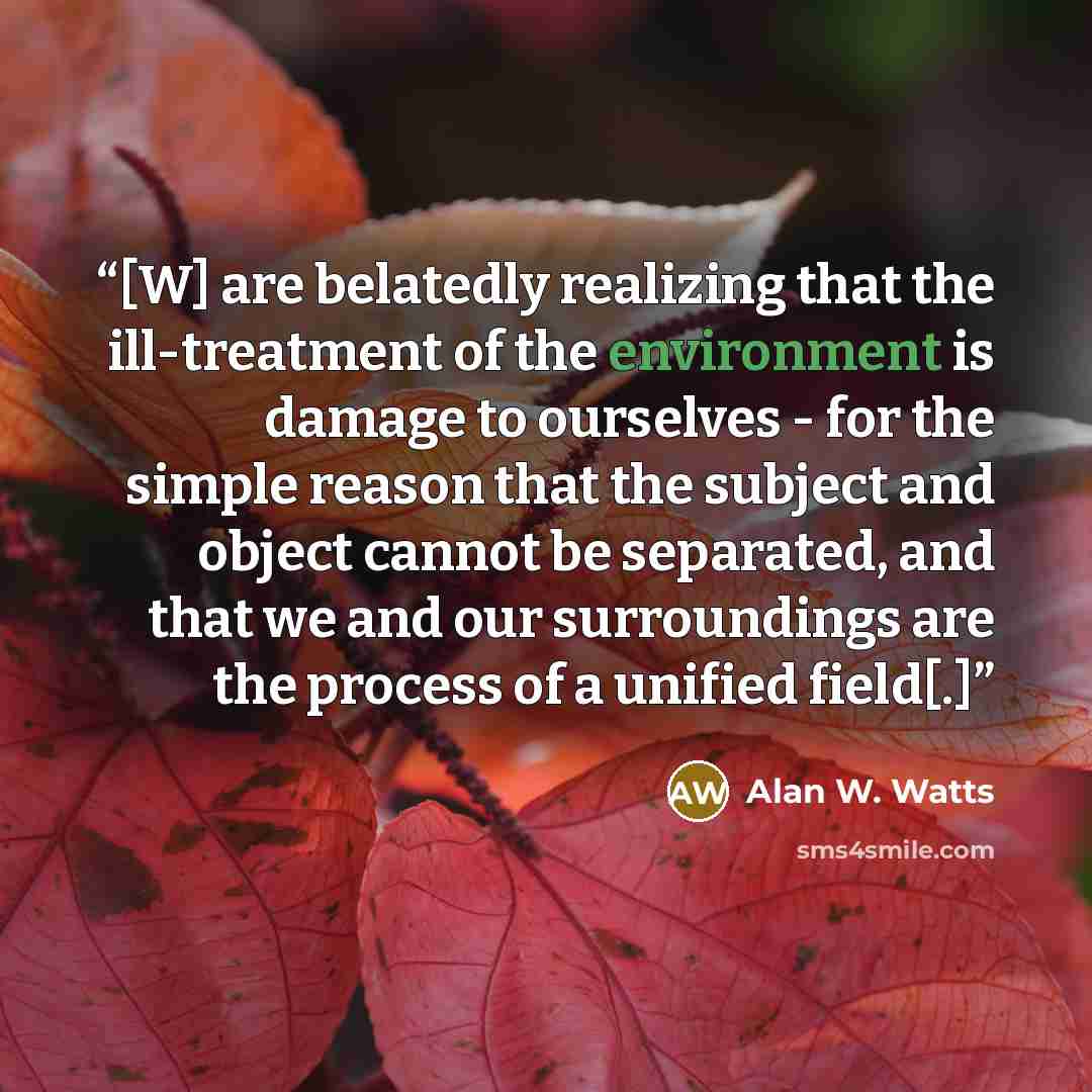 “[W] are belatedly realizing that the ill-treatment of the environment is damage to ourselves - for the simple reason that the subject and object cannot be separated, and that we and our surroundings are the process of a unified field[.]” quote by Alan W. Watts