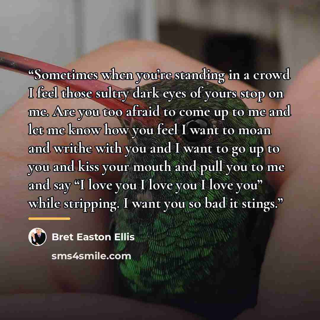 “Sometimes when you’re standing in a crowd I feel those sultry dark eyes of yours stop on me. Are you too afraid to come up to me and let me know how you feel I want to moan and writhe with you and I want to go up to you and kiss your mouth and pull you to me and say “I love you I love you I love…” quote by Bret Easton Ellis