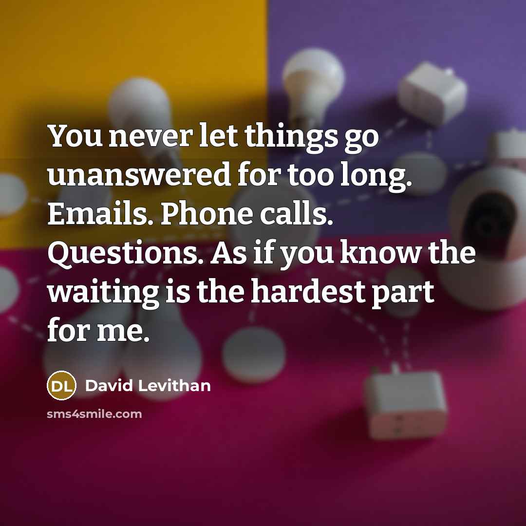 “You never let things go unanswered for too long. Emails. Phone calls. Questions. As if you know the waiting is the hardest part for me.” quote by David Levithan