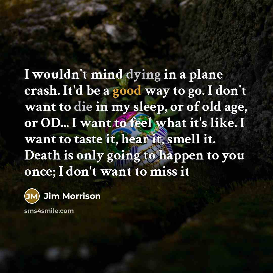 “I wouldn't mind dying in a plane crash. It'd be a good way to go. I don't want to die in my sleep, or of old age, or OD... I want to feel what it's like. I want to taste it, hear it, smell it. Death is only going to happen to you once; I don't want to miss it” quote by Jim Morrison