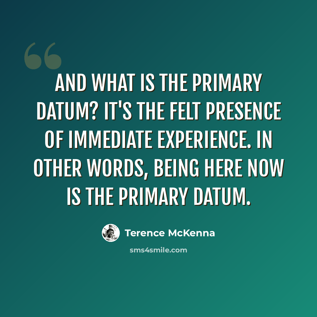“And what is the primary datum? It's the felt presence of immediate experience. In other words, being here now is the primary datum.” quote by Terence McKenna