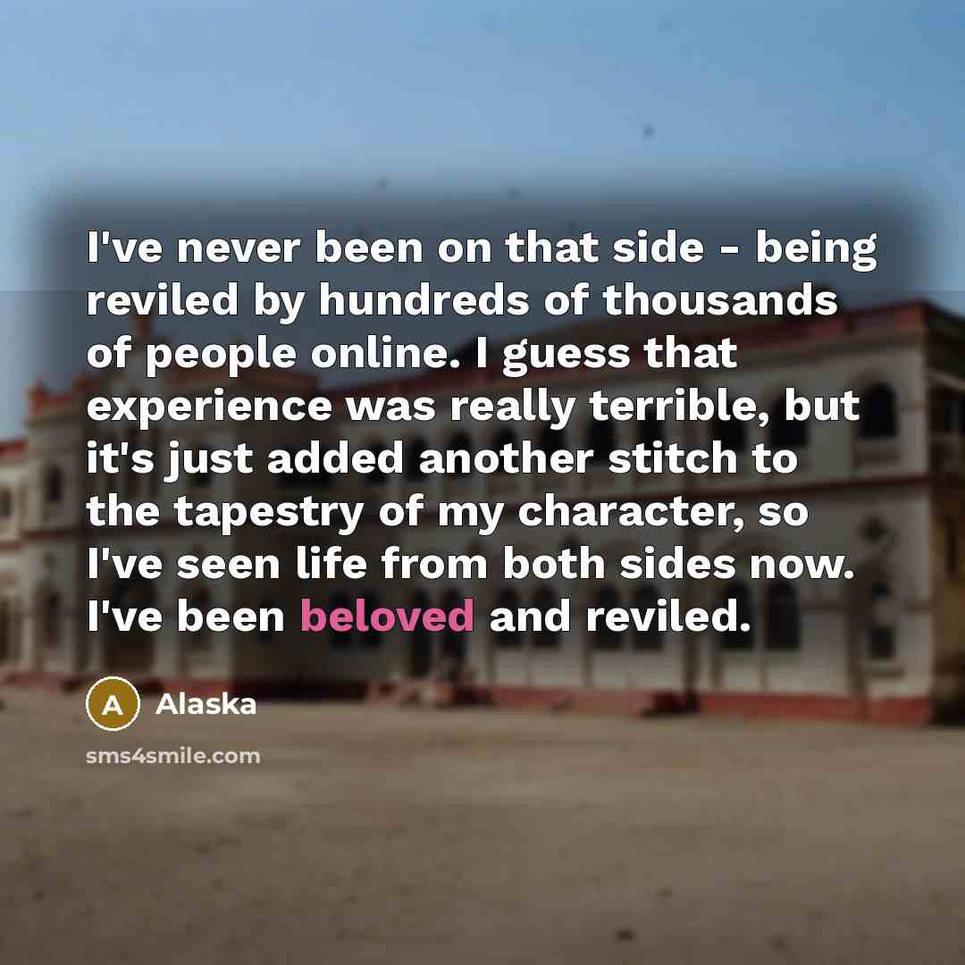 “I've never been on that side - being reviled by hundreds of thousands of people online. I guess that experience was really terrible, but it's just added another stitch to the tapestry of my character, so I've seen life from both sides now. I've been beloved and reviled.” quote by Alaska