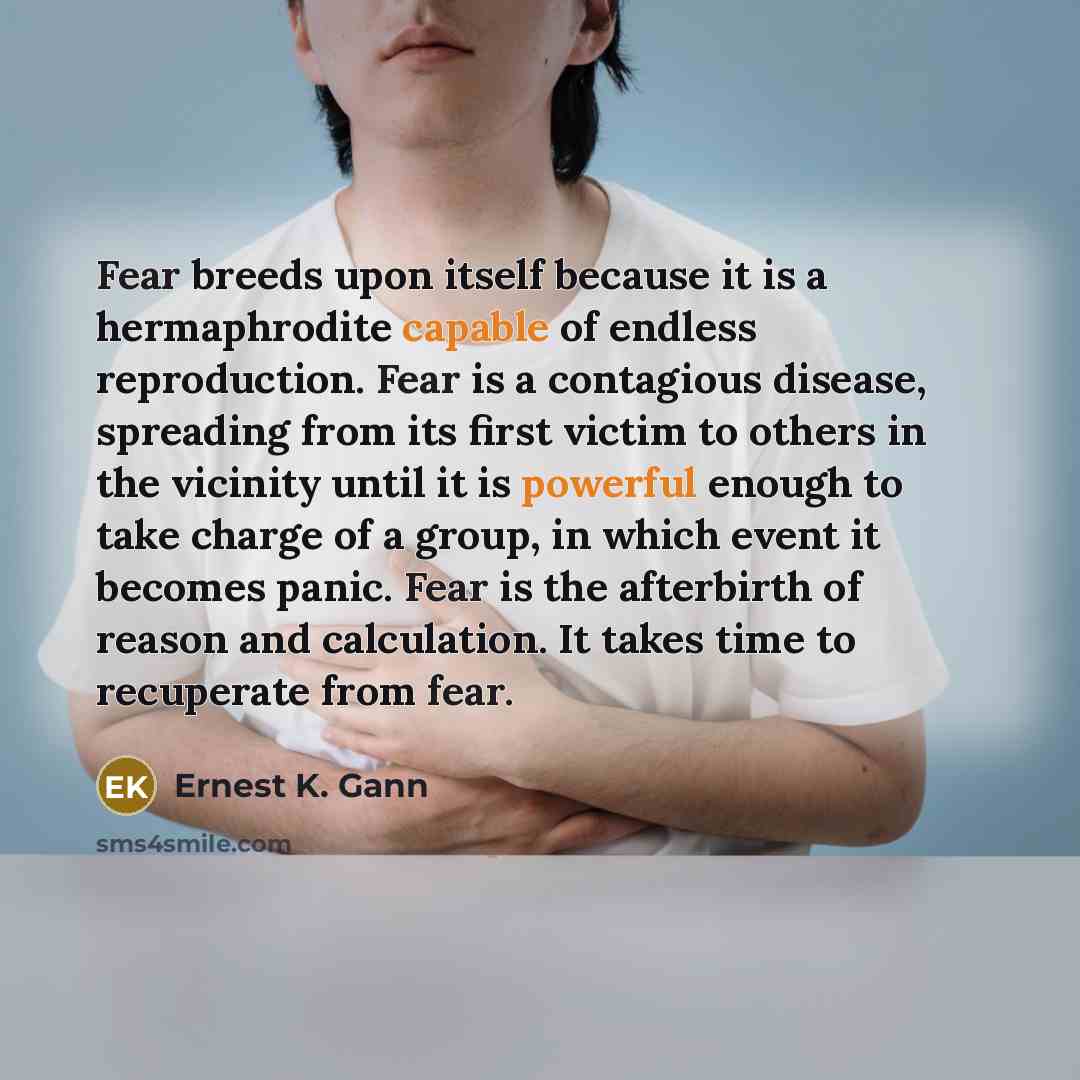 “Fear breeds upon itself because it is a hermaphrodite capable of endless reproduction. Fear is a contagious disease, spreading from its first victim to others in the vicinity until it is powerful enough to take charge of a group, in which event it becomes panic. Fear is the afterbirth of reason…” quote by Ernest K. Gann